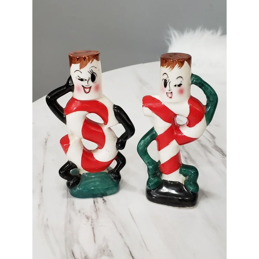 Anthropomorphic Christmas Candy Canes Salt & pepper shakers made Japan Kitschy
